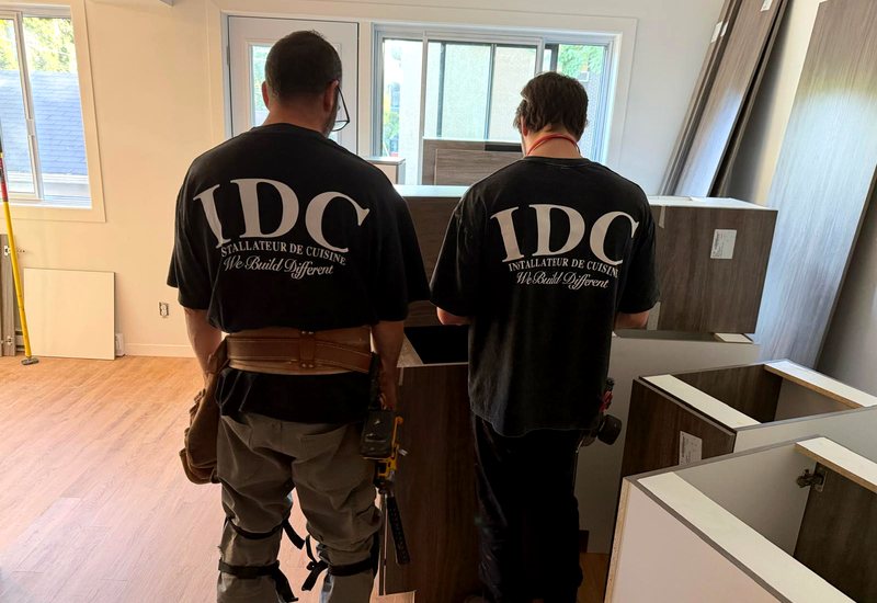 Deux installateurs d'IDC en t-shirt de l'entreprise montant des caissons de cuisine sur un chantier de Montréal